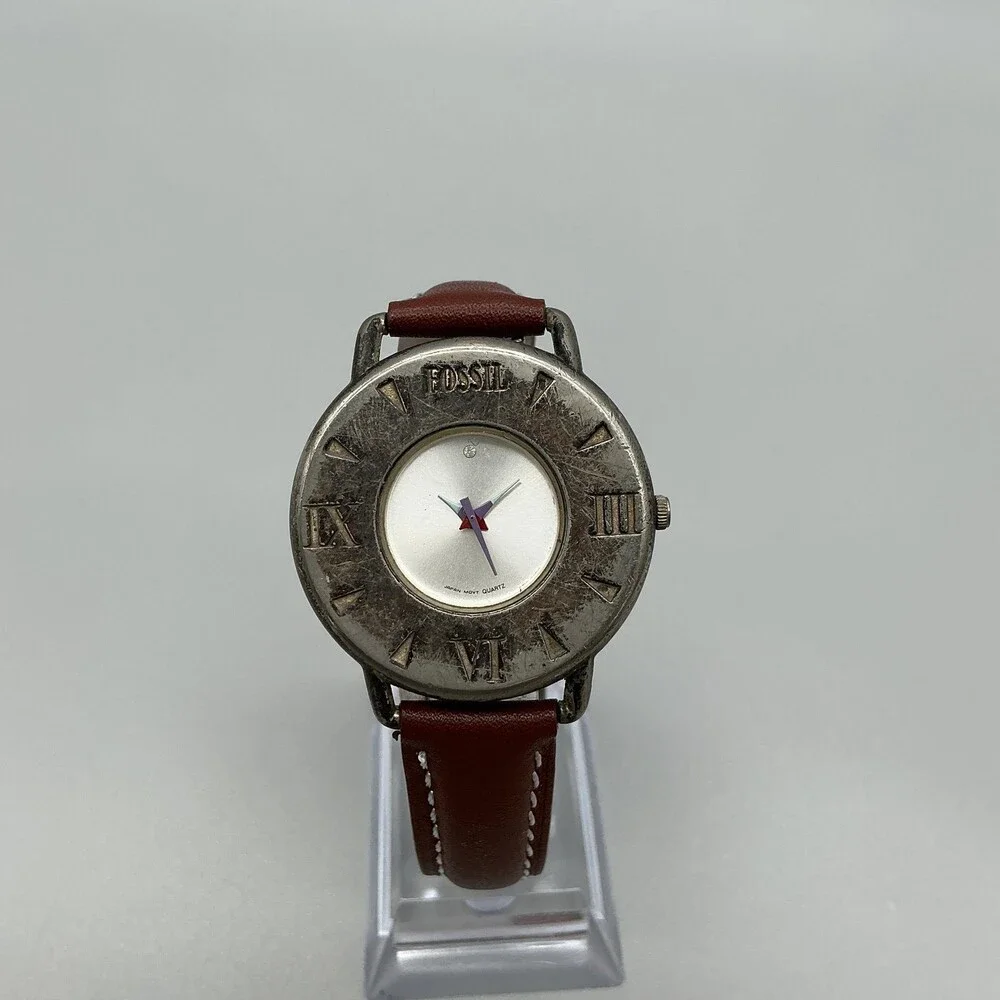 Vintage Fossil Club Fossil Mens Watch 36mm Silver Tone Brown Leather New Battery